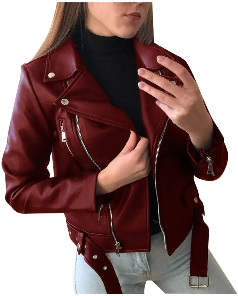 2024 Fall Women's Faux Leather Biker Motorcycle Jackets Plus Size Long Sleeve Zipper Slim Fit Short Casual Coat Outwear