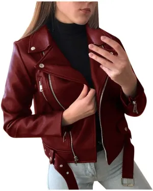 2024 Fall Women's Faux Leather Biker Motorcycle Jackets Plus Size Long Sleeve Zipper Slim Fit Short Casual Coat Outwear