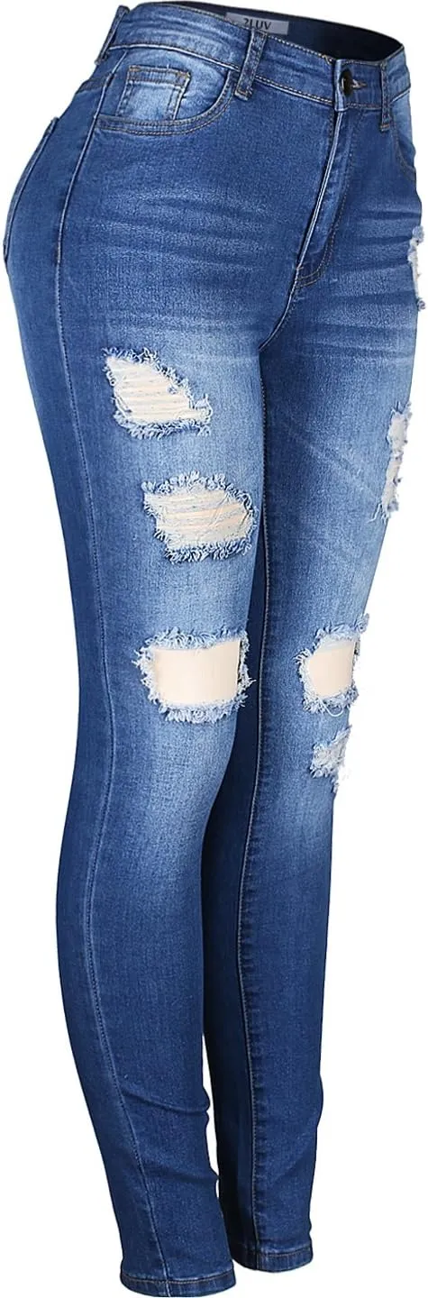 2LUV Women's Stretchy 5 Pocket Distressed High Waist Skinny Jeans