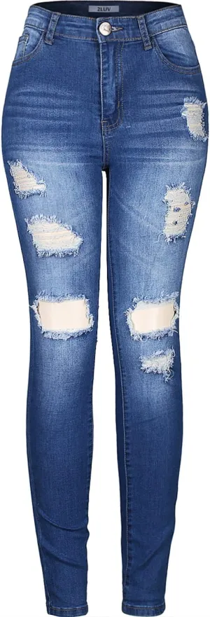 2LUV Women's Stretchy 5 Pocket Distressed High Waist Skinny Jeans