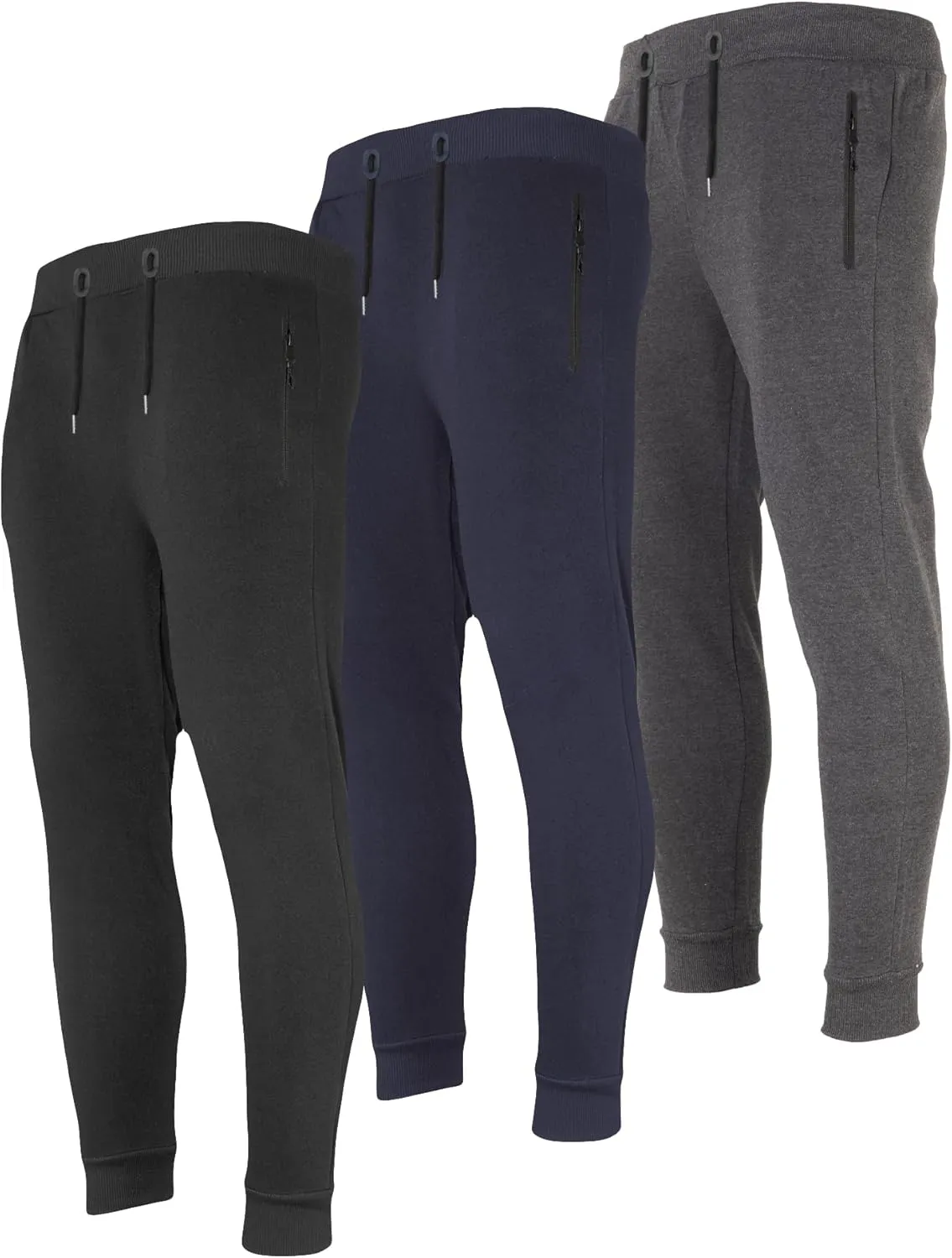 3 Pack Fleece Joggers for Men - Workout Mens Sweatpants with Zipper Pockets & Drawstring - Active Sweat Pants