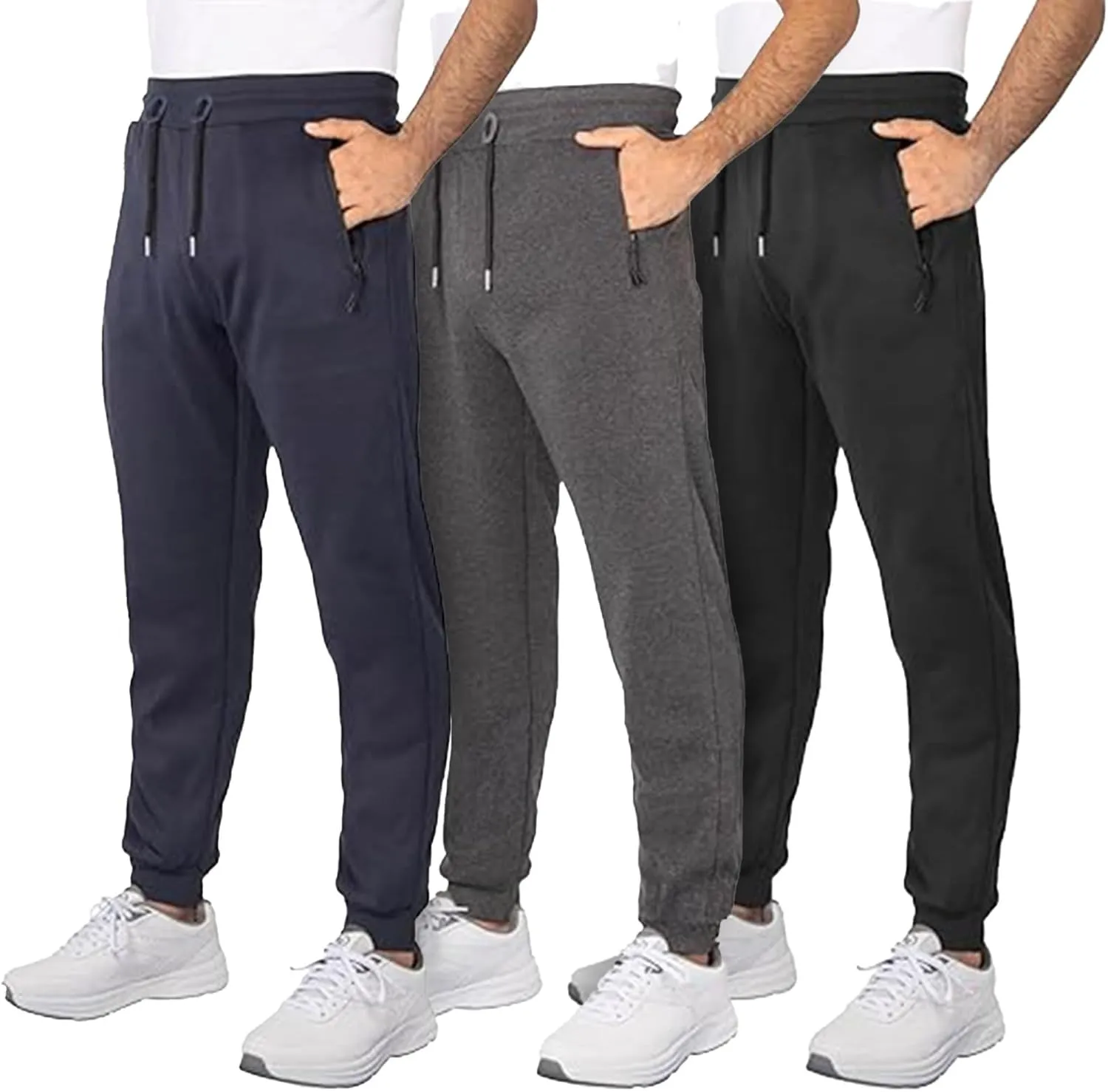 3 Pack Fleece Joggers for Men - Workout Mens Sweatpants with Zipper Pockets & Drawstring - Active Sweat Pants