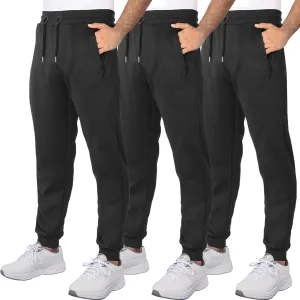 3 Pack Fleece Joggers for Men - Workout Mens Sweatpants with Zipper Pockets & Drawstring - Active Sweat Pants