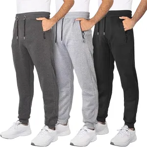 3 Pack Fleece Joggers for Men - Workout Mens Sweatpants with Zipper Pockets & Drawstring - Active Sweat Pants