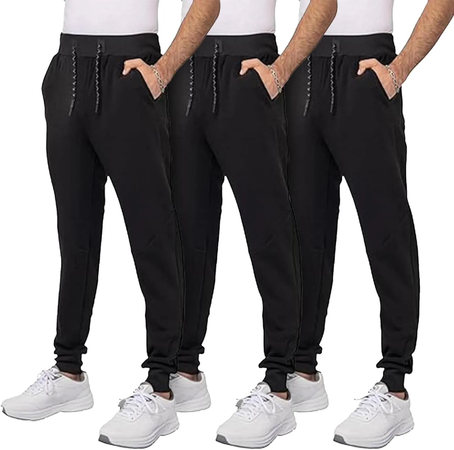 3 Pack Fleece Joggers for Men - Workout Mens Sweatpants with Zipper Pockets & Drawstring - Active Sweat Pants