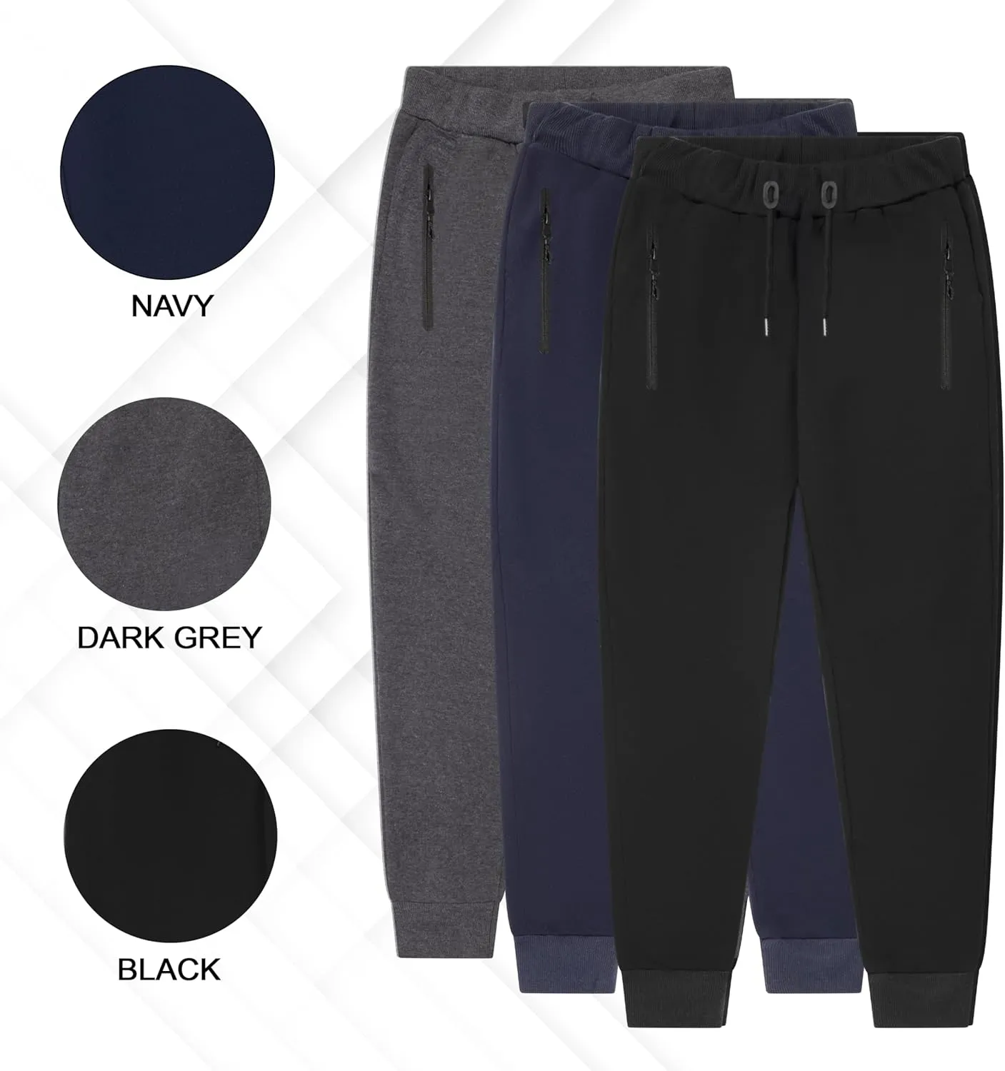 3 Pack Fleece Joggers for Men - Workout Mens Sweatpants with Zipper Pockets & Drawstring - Active Sweat Pants