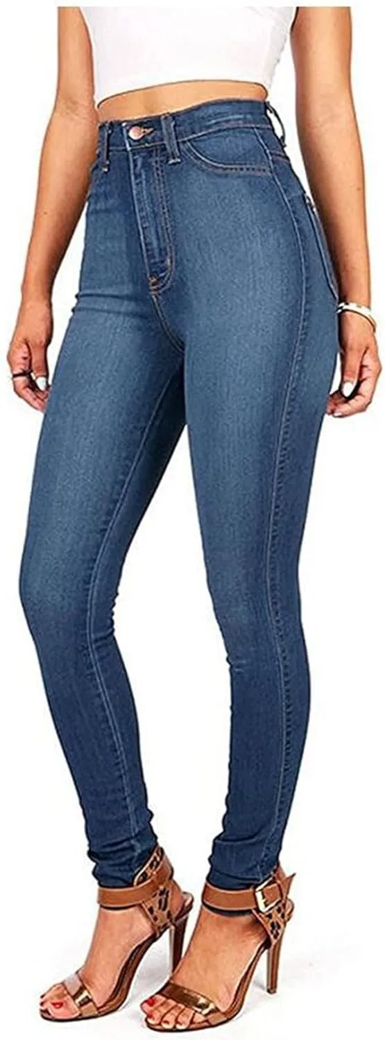 Andongnywell Women's High Waist Button Wide Waist Jeans High Waisted Jeans Women Skinny Denim Slim Pants