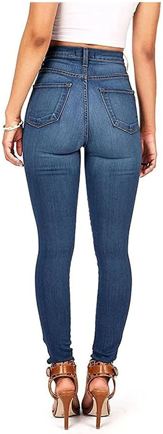 Andongnywell Women's High Waist Button Wide Waist Jeans High Waisted Jeans Women Skinny Denim Slim Pants