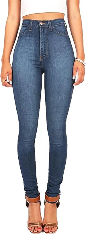 Andongnywell Women's High Waist Button Wide Waist Jeans High Waisted Jeans Women Skinny Denim Slim Pants