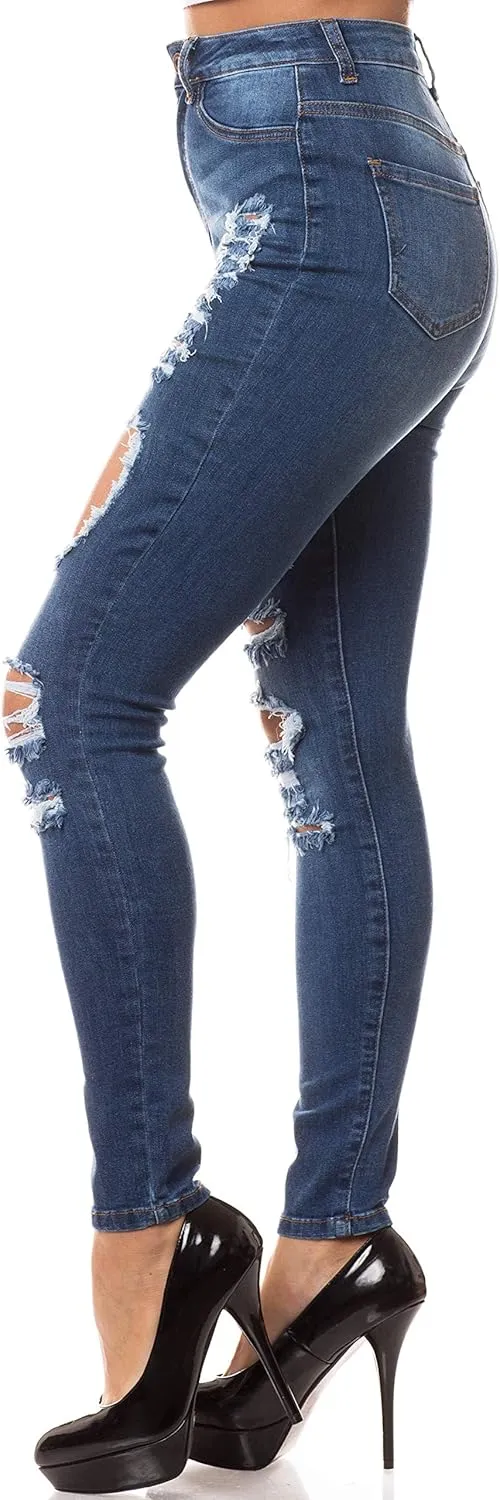 Aphrodite Skinny Cargo Jeans for Women - High Waisted Hand Sanding Distressed Ripped Jeans Stretch Denim Pants