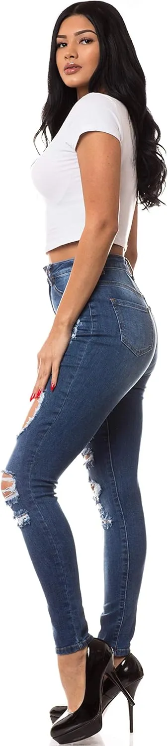 Aphrodite Skinny Cargo Jeans for Women - High Waisted Hand Sanding Distressed Ripped Jeans Stretch Denim Pants