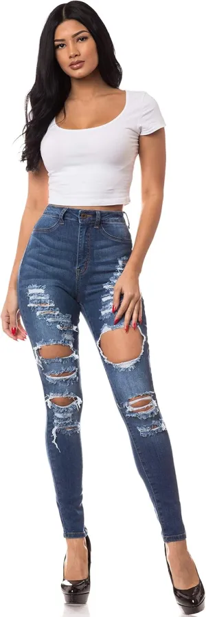 Aphrodite Skinny Cargo Jeans for Women - High Waisted Hand Sanding Distressed Ripped Jeans Stretch Denim Pants