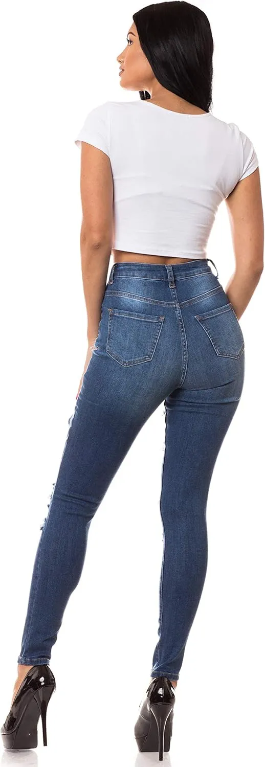 Aphrodite Skinny Cargo Jeans for Women - High Waisted Hand Sanding Distressed Ripped Jeans Stretch Denim Pants