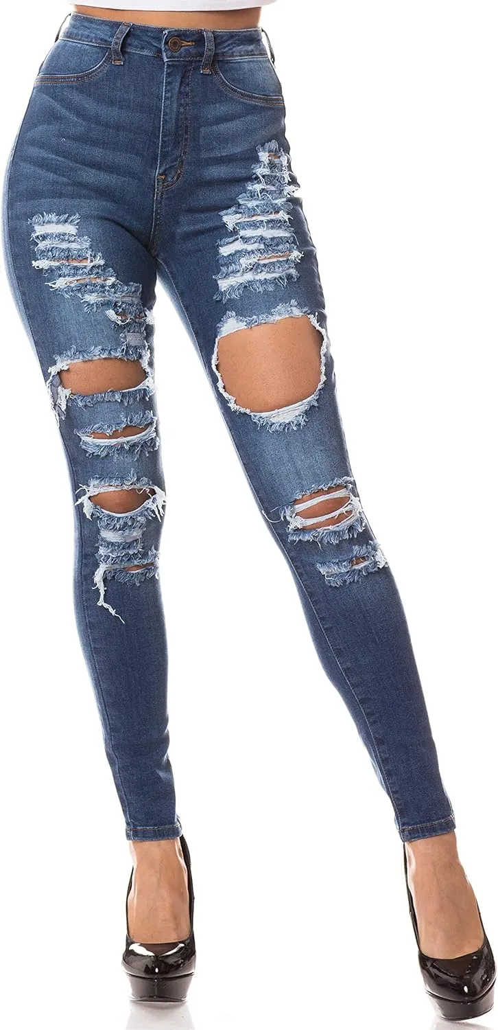 Aphrodite Skinny Cargo Jeans for Women - High Waisted Hand Sanding Distressed Ripped Jeans Stretch Denim Pants