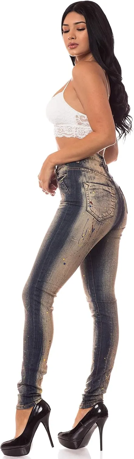 Aphrodite Washed Skinny Jeans for Women - High Waisted Printed Painted Embellished Stretch Skinny Fit Slim Denim Pants