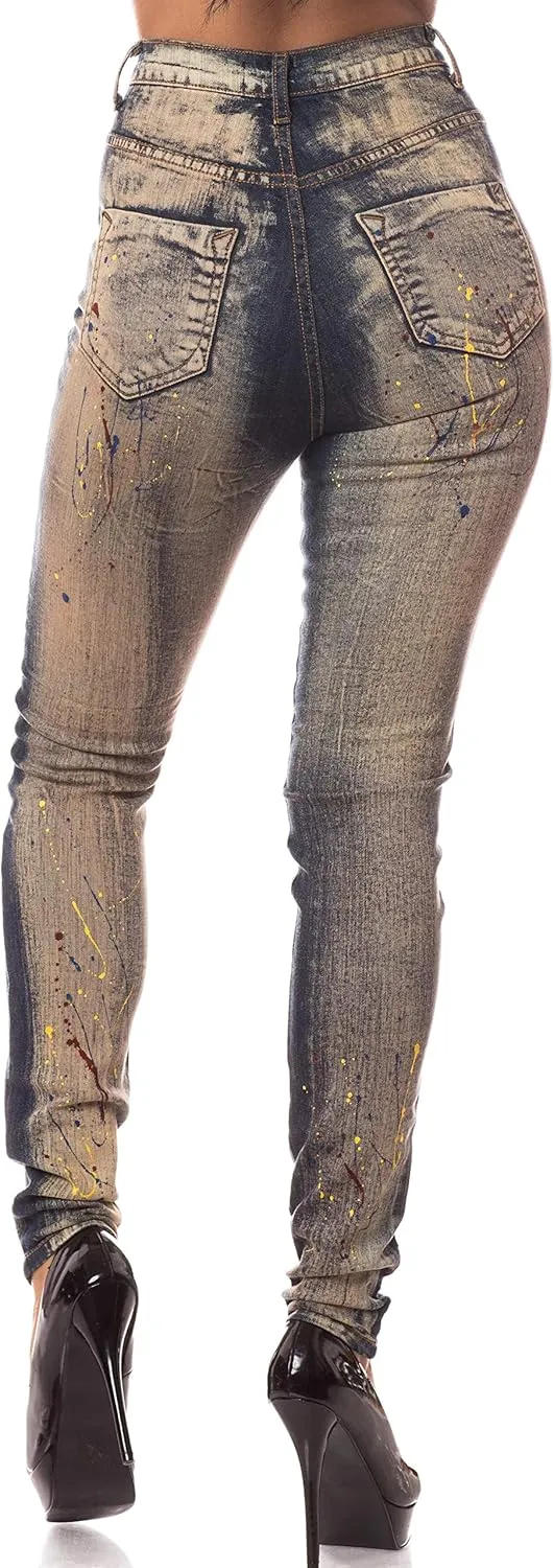 Aphrodite Washed Skinny Jeans for Women - High Waisted Printed Painted Embellished Stretch Skinny Fit Slim Denim Pants