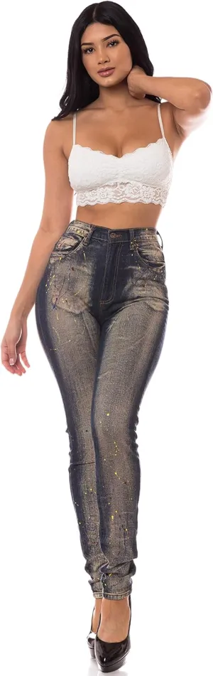 Aphrodite Washed Skinny Jeans for Women - High Waisted Printed Painted Embellished Stretch Skinny Fit Slim Denim Pants