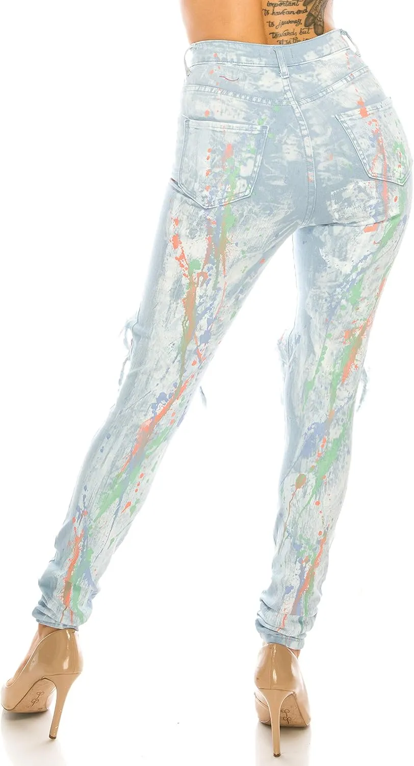 Aphrodite Washed Skinny Jeans for Women - High Waisted Printed Painted Embellished Stretch Skinny Fit Slim Denim Pants