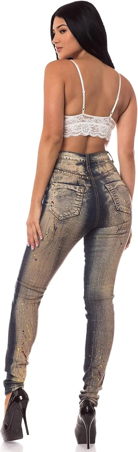 Aphrodite Washed Skinny Jeans for Women - High Waisted Printed Painted Embellished Stretch Skinny Fit Slim Denim Pants