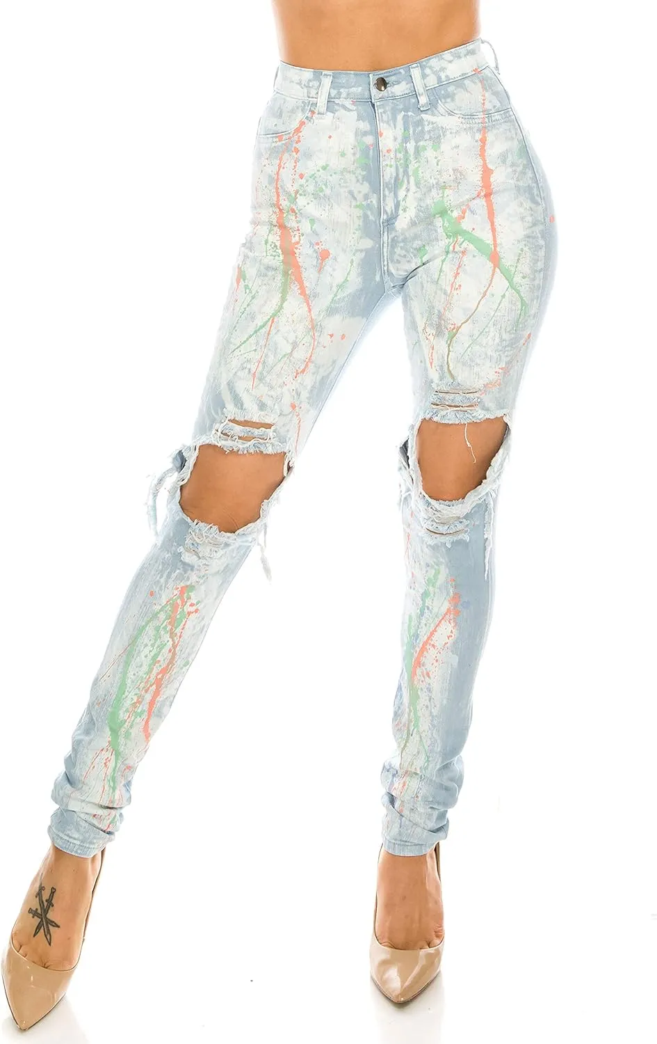 Aphrodite Washed Skinny Jeans for Women - High Waisted Printed Painted Embellished Stretch Skinny Fit Slim Denim Pants