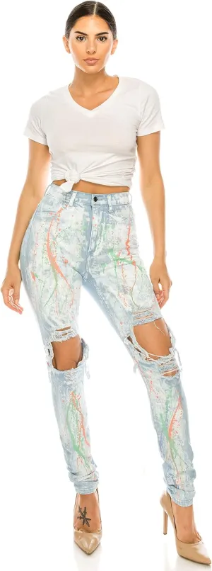 Aphrodite Washed Skinny Jeans for Women - High Waisted Printed Painted Embellished Stretch Skinny Fit Slim Denim Pants