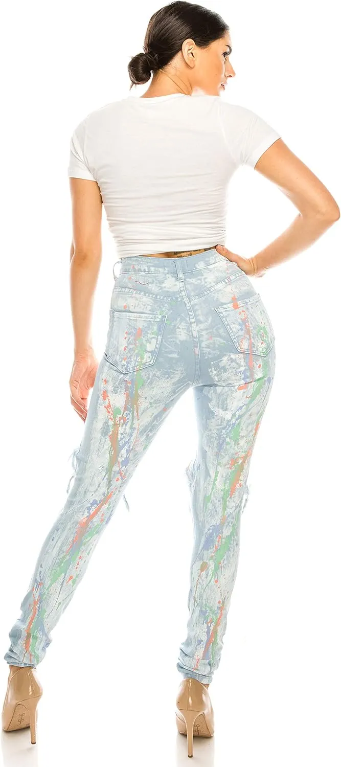 Aphrodite Washed Skinny Jeans for Women - High Waisted Printed Painted Embellished Stretch Skinny Fit Slim Denim Pants