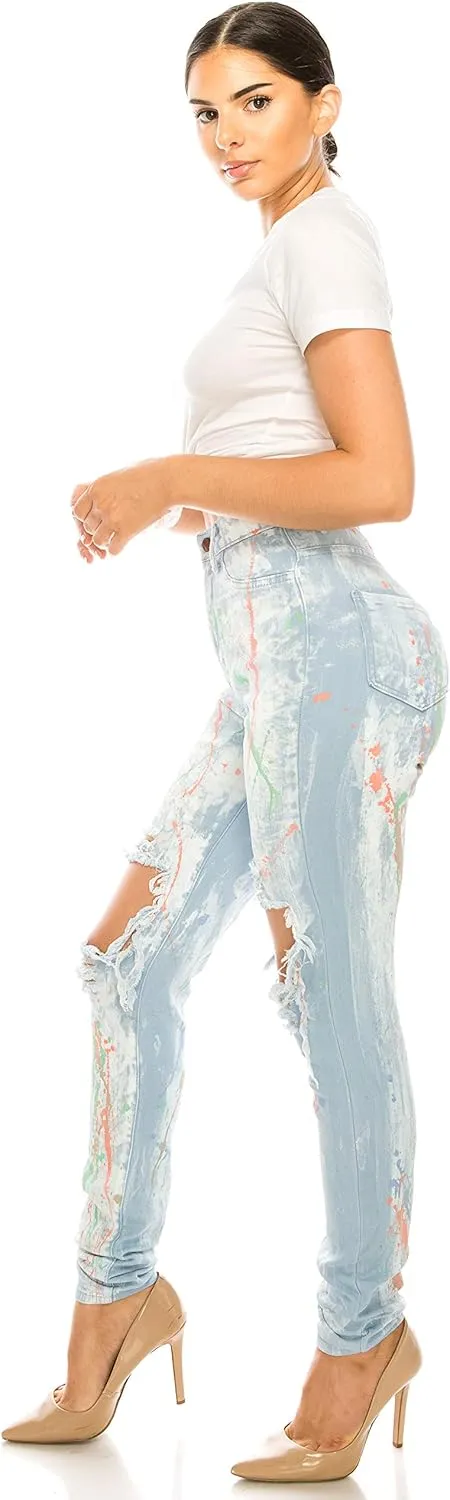 Aphrodite Washed Skinny Jeans for Women - High Waisted Printed Painted Embellished Stretch Skinny Fit Slim Denim Pants