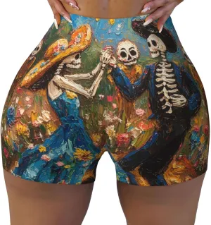 Augenstern Women's Athletic Stretch Shorts Romantic-Skeletons-Marigold Running Shorts for Women