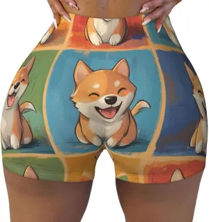 Augenstern Women's Athletic Stretch Shorts Shiba-Inu-Rabinbow-Painting Running Shorts for Women