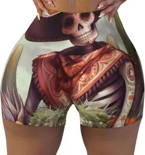 Augenstern Women's Athletic Stretch Shorts Skeletons-Cactus-Mexico Running Shorts for Women