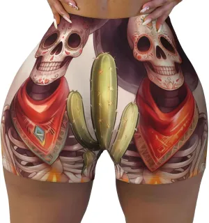 Augenstern Women's Athletic Stretch Shorts Skull-Marigold-Candle-Cactus Running Shorts for Women
