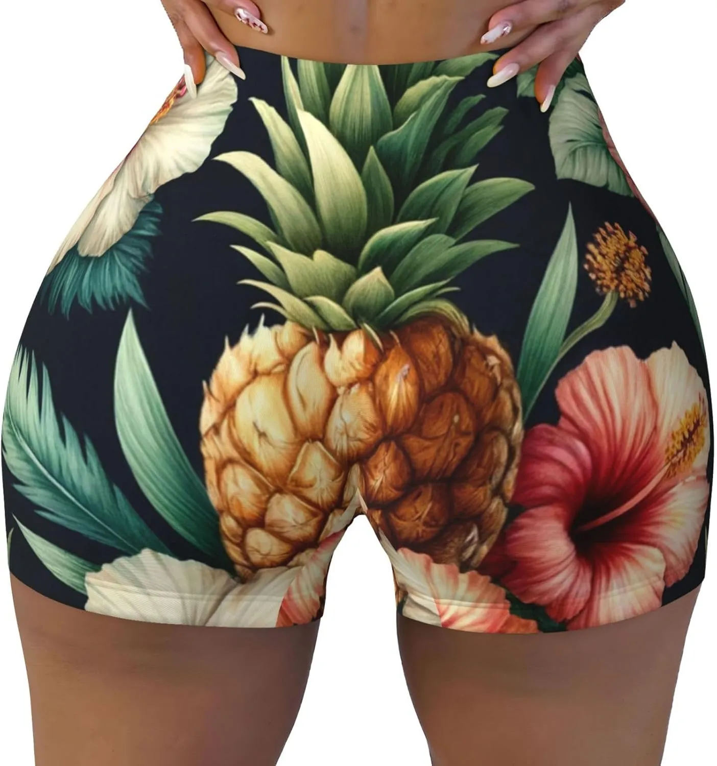 Augenstern Women's Athletic Stretch Shorts Tropical-Hawaii-Pineapple-Hibiscus Running Shorts for Women