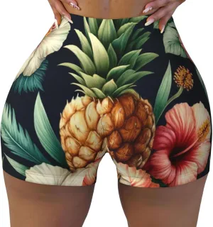 Augenstern Women's Athletic Stretch Shorts Tropical-Hawaii-Pineapple-Hibiscus Running Shorts for Women