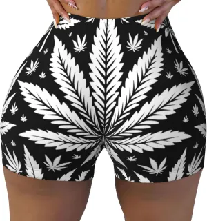 Augenstern Women's Athletic Stretch Shorts Vintage-White-Marijuana Running Shorts for Women