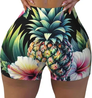 Augenstern Women's Athletic Stretch Shorts Watercolor-Pineapple-Hibiscus Running Shorts for Women
