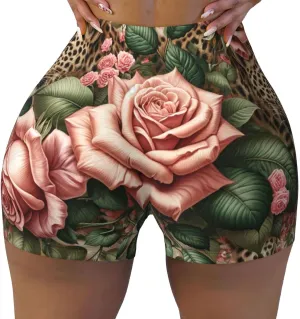 Augenstern Women's Athletic Stretch Shorts Wild-Leopard-Rose-Print Running Shorts for Women
