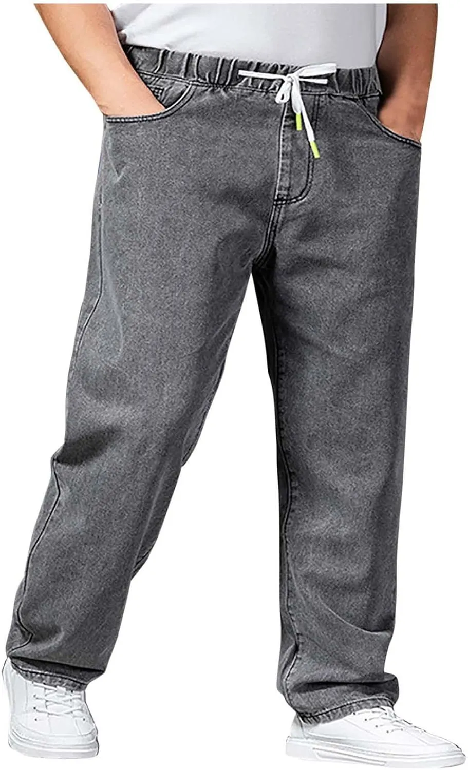 Baggy Jeans Men Plus Size Drawstring Elastic Waist Denim Pants Casual Straight Leg Jean Regular Fit Fall Trousers
