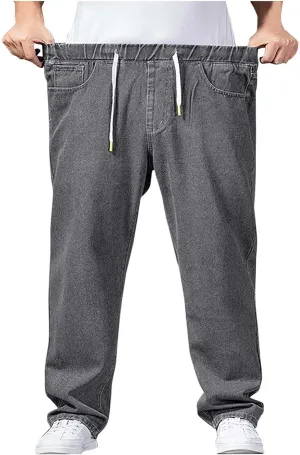 Baggy Jeans Men Plus Size Drawstring Elastic Waist Denim Pants Casual Straight Leg Jean Regular Fit Fall Trousers