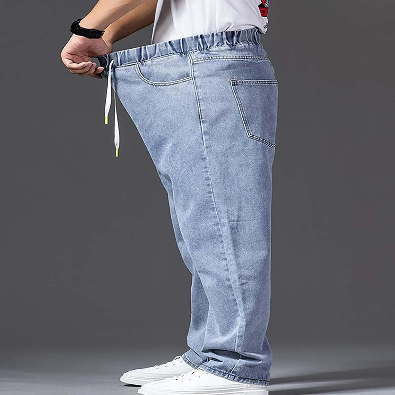 Baggy Jeans Men Plus Size Drawstring Elastic Waist Denim Pants Casual Straight Leg Jean Regular Fit Fall Trousers
