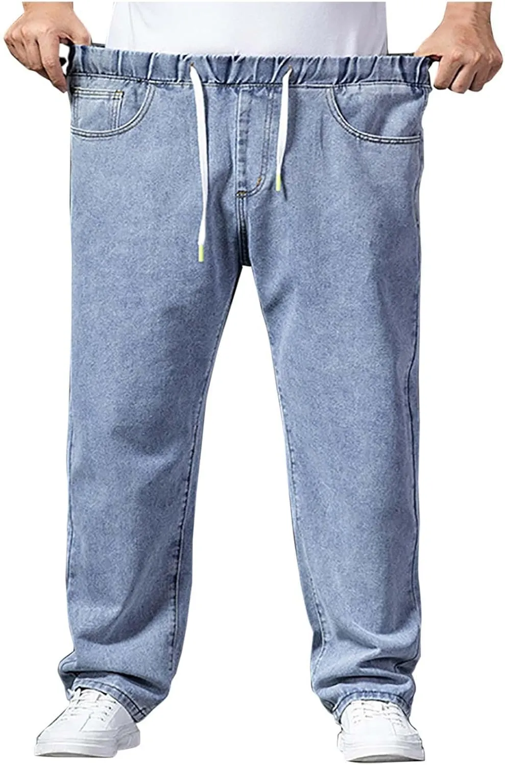 Baggy Jeans Men Plus Size Drawstring Elastic Waist Denim Pants Casual Straight Leg Jean Regular Fit Fall Trousers