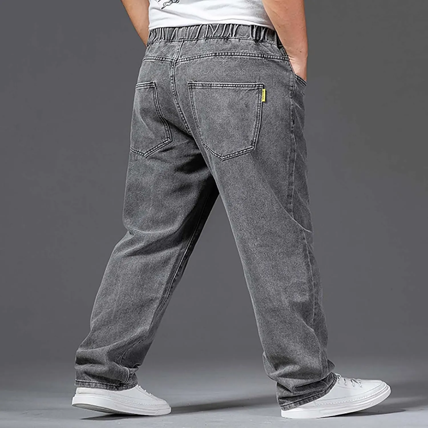 Baggy Jeans Men Plus Size Drawstring Elastic Waist Denim Pants Casual Straight Leg Jean Regular Fit Fall Trousers