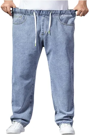 Baggy Jeans Men Plus Size Drawstring Elastic Waist Denim Pants Casual Straight Leg Jean Regular Fit Fall Trousers