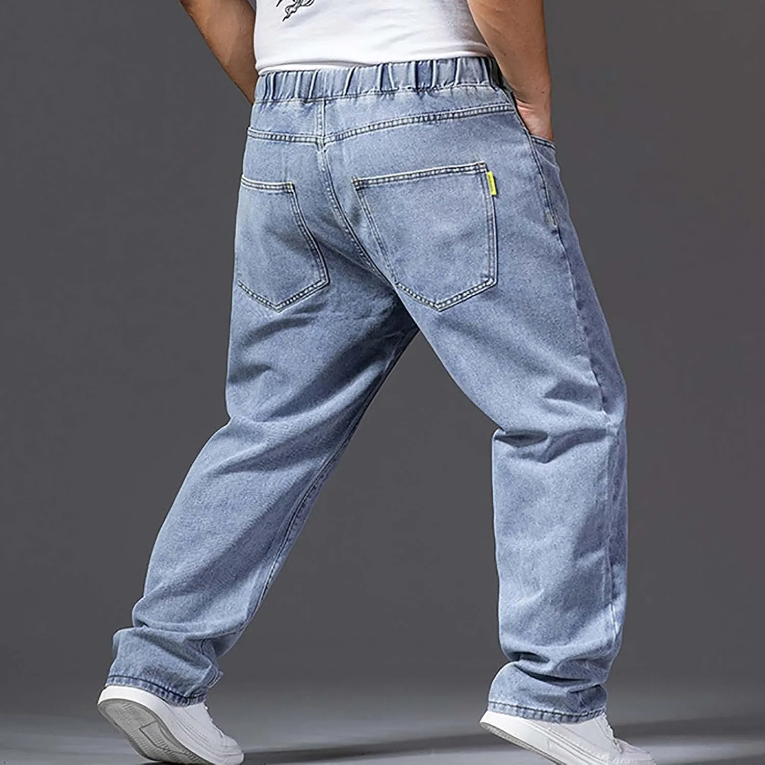Baggy Jeans Men Plus Size Drawstring Elastic Waist Denim Pants Casual Straight Leg Jean Regular Fit Fall Trousers