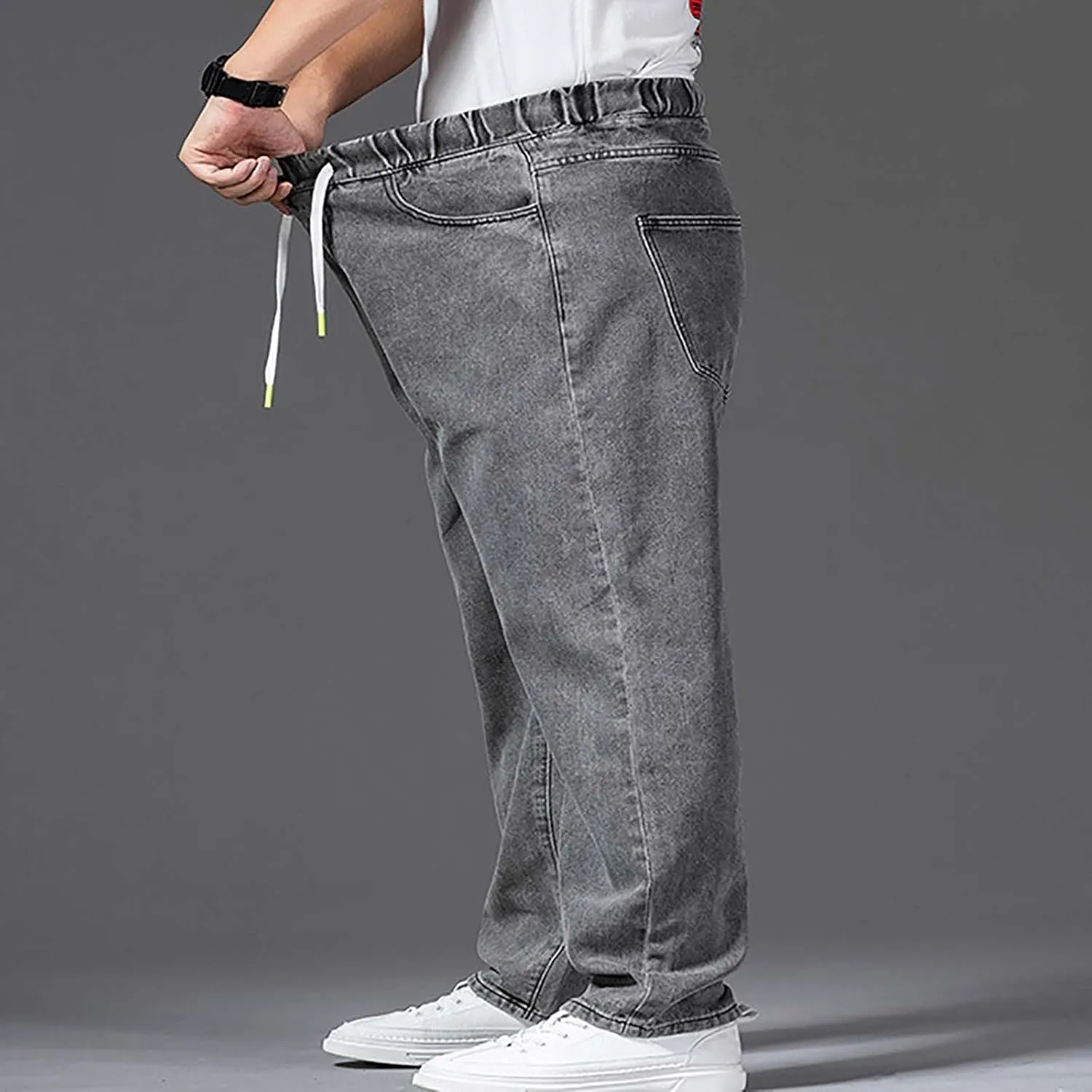 Baggy Jeans Men Plus Size Drawstring Elastic Waist Denim Pants Casual Straight Leg Jean Regular Fit Fall Trousers
