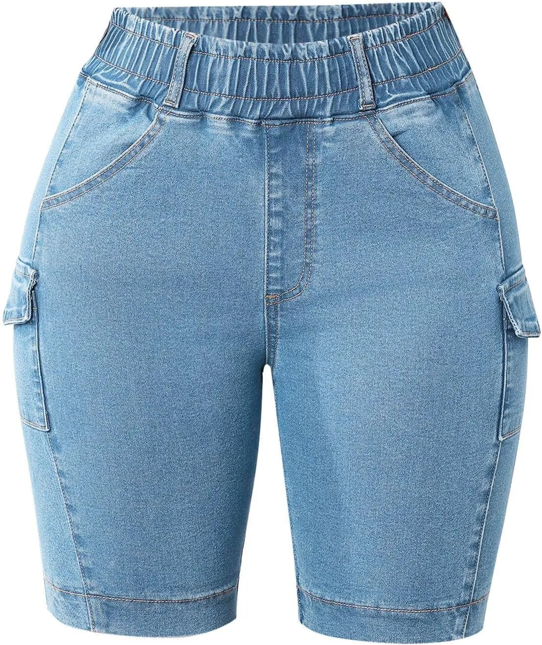 Bermuda Denim Shorts for Women Elastic High Waisted Slim Fit Stretchy Summer Casual Jeans Shorts Side Pocket
