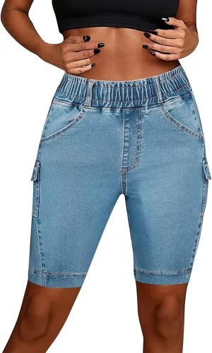 Bermuda Denim Shorts for Women Elastic High Waisted Slim Fit Stretchy Summer Casual Jeans Shorts Side Pocket