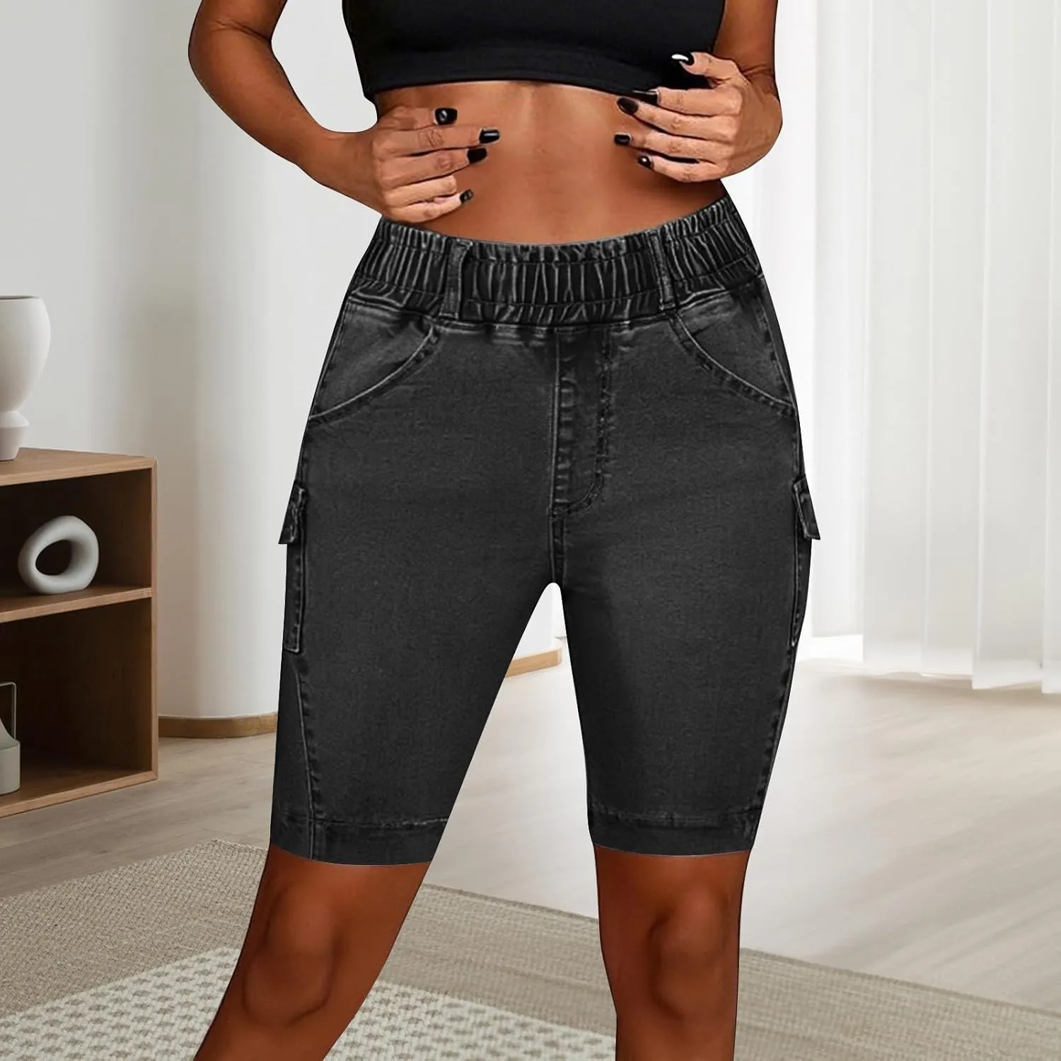 Bermuda Denim Shorts for Women Elastic High Waisted Slim Fit Stretchy Summer Casual Jeans Shorts Side Pocket