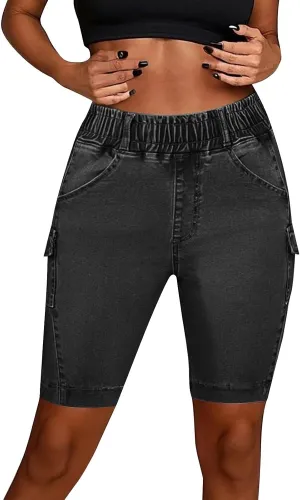 Bermuda Denim Shorts for Women Elastic High Waisted Slim Fit Stretchy Summer Casual Jeans Shorts Side Pocket
