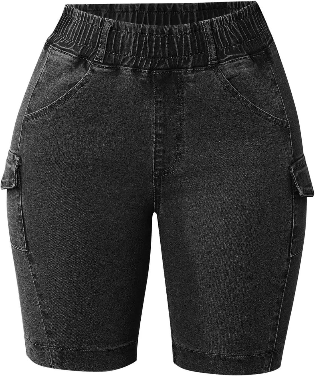 Bermuda Denim Shorts for Women Elastic High Waisted Slim Fit Stretchy Summer Casual Jeans Shorts Side Pocket