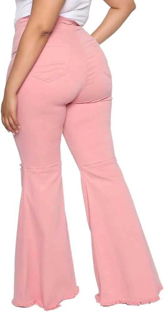 BessCops Plus Size Bell Bottom Jeans for Women Elastic High Waisted Classic Flared Denim Pants